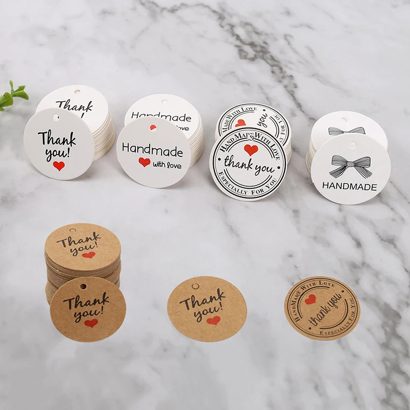 

100pcs Kraft Paper Round Thank You Tags 3.5x3.5cm Wedding Guest Gift Packaging Birthday Mothers Father's Day Handmade Hang Tags