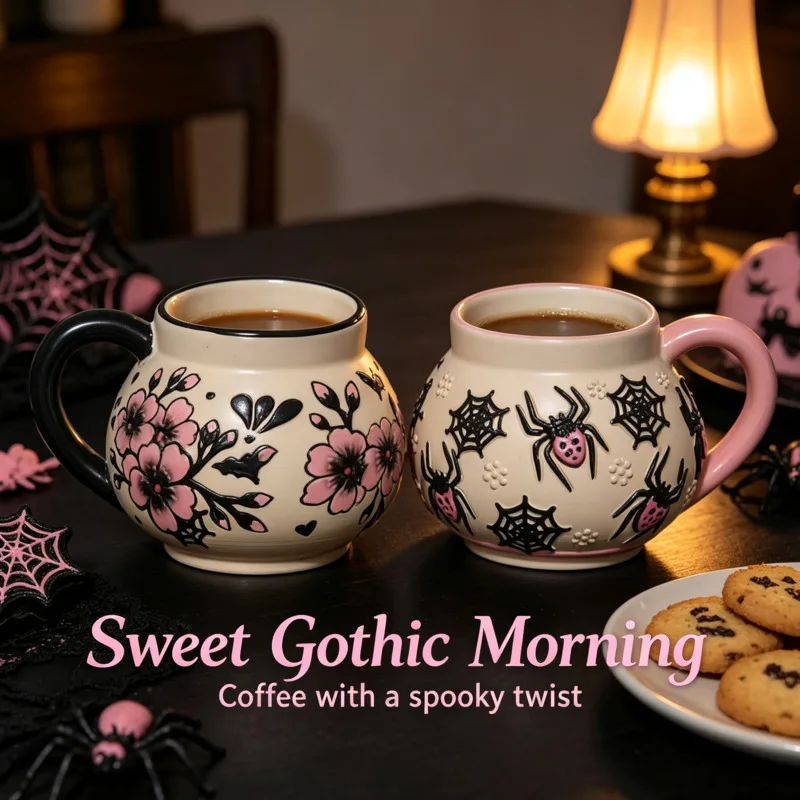 Spooky Talavera Ceramic Mug Halloween Spider, Web Flower Gothic Hand Painted Coffee, Tea Cup Home Kitchen Bar Decor, Novelty Gif