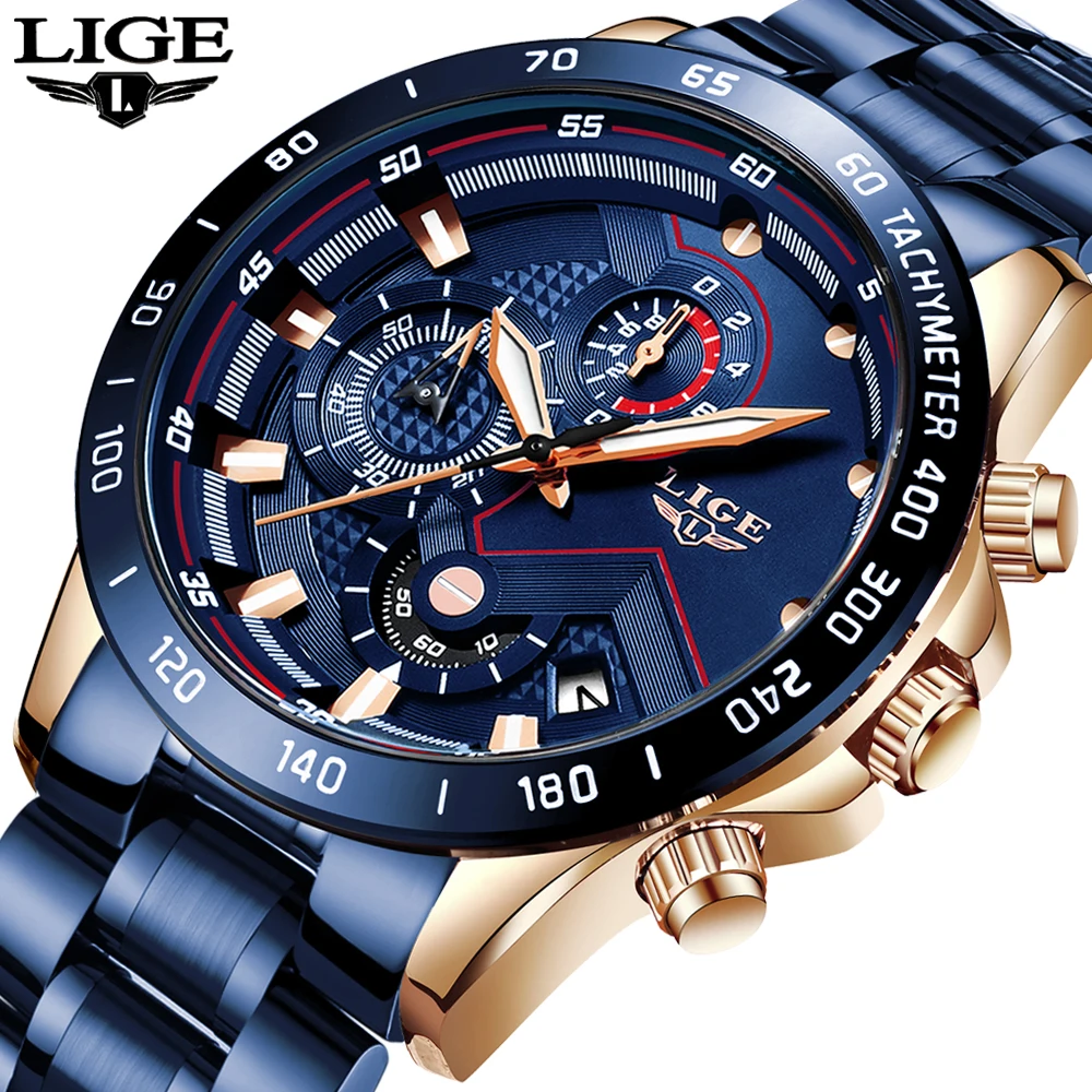 LIGE Fashion Luxury Quartz Man Watch Stainless Steel Band Waterproof Casual Sport Watches for Men Chronograph Business Reloj+Box