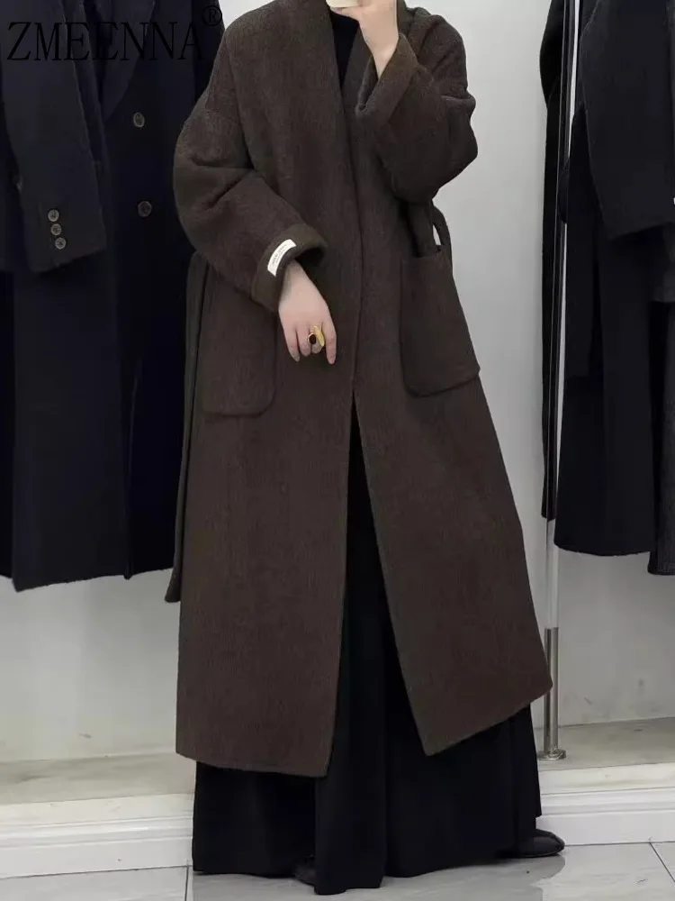 

ZMEENNA Elegant Womens Dark Brown Wool Blend Long Coat With Belt Tie Waist Lapel Collar Warm Winter Outerwear Chic ZM3424
