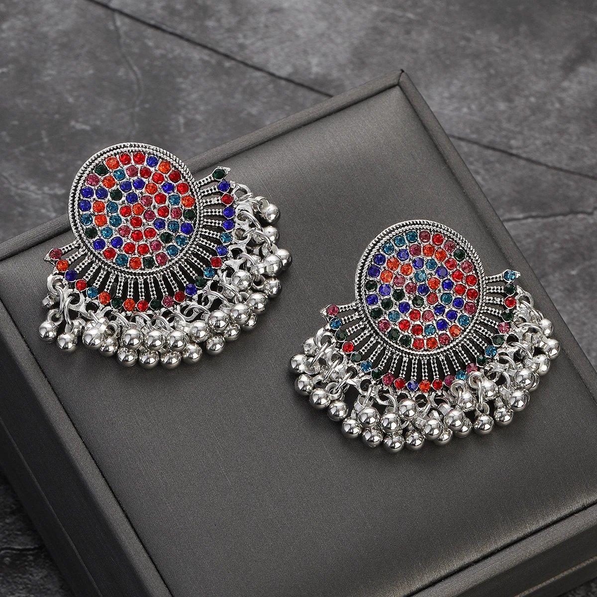 Ethnic Luxury Multicolor Crystal Earring Retro Silver Plated Round Fan Shape Dangle Earrings Party Wedding Jewelry bijoux femmes