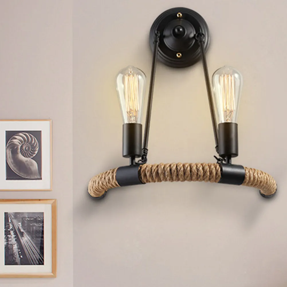 

Hemp Jute Rope Wall Sconce Lamp Vintage Industrial Metal Black Wall Light Fixture with 2 E27 Sockets 40W Retro Bedside Living