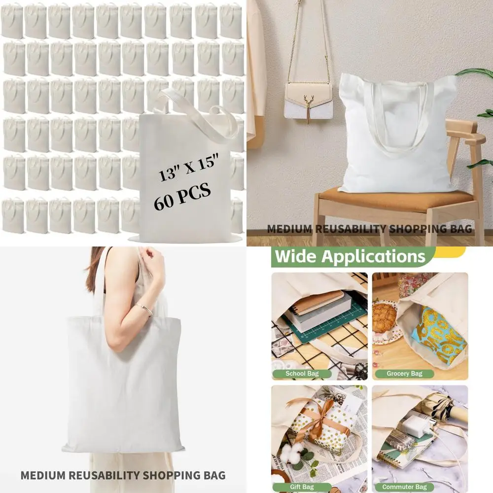 

Reusable Polyester Tote Bags, 60 Pack Sublimation Blank Canvas, 13x15 Inch, Ideal for Heat Transfer Vinyl, DIY Crafting, Grocery