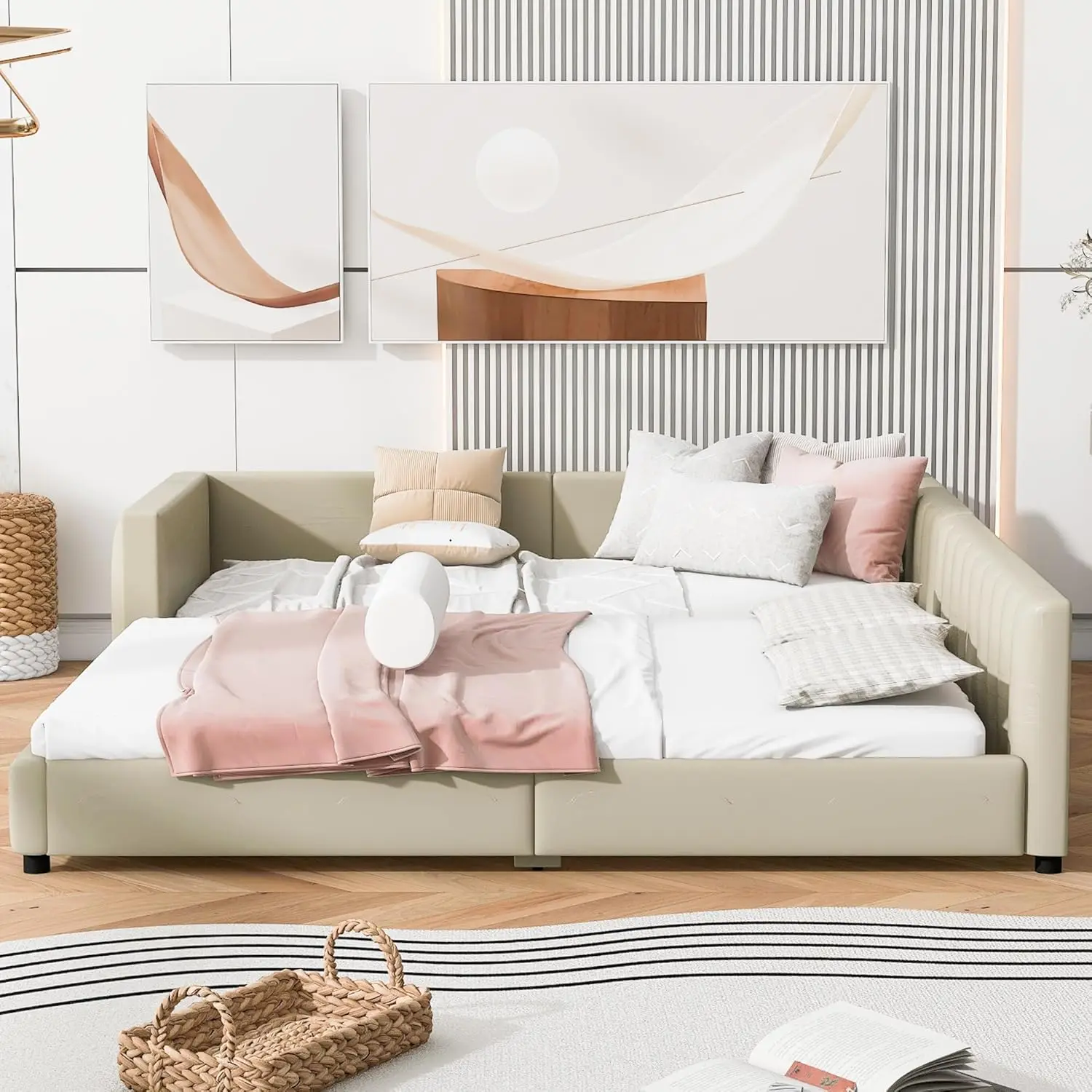 Lit à plateforme en cuir PU pour mère et enfant, lit Queen Size et Twin XL, cadre de lit moderne avec support à lattes en bois