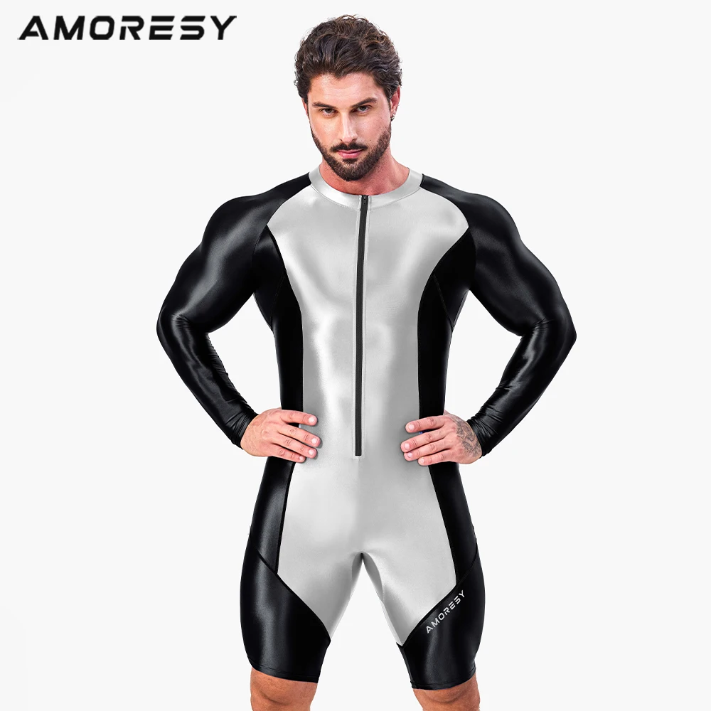 

AMORESY Men Tracksuits Sets Tops Leggings Shiny Glossy Sports Fitness Running Front Zipper Overall Catsuit All-purpose Jumpsuits