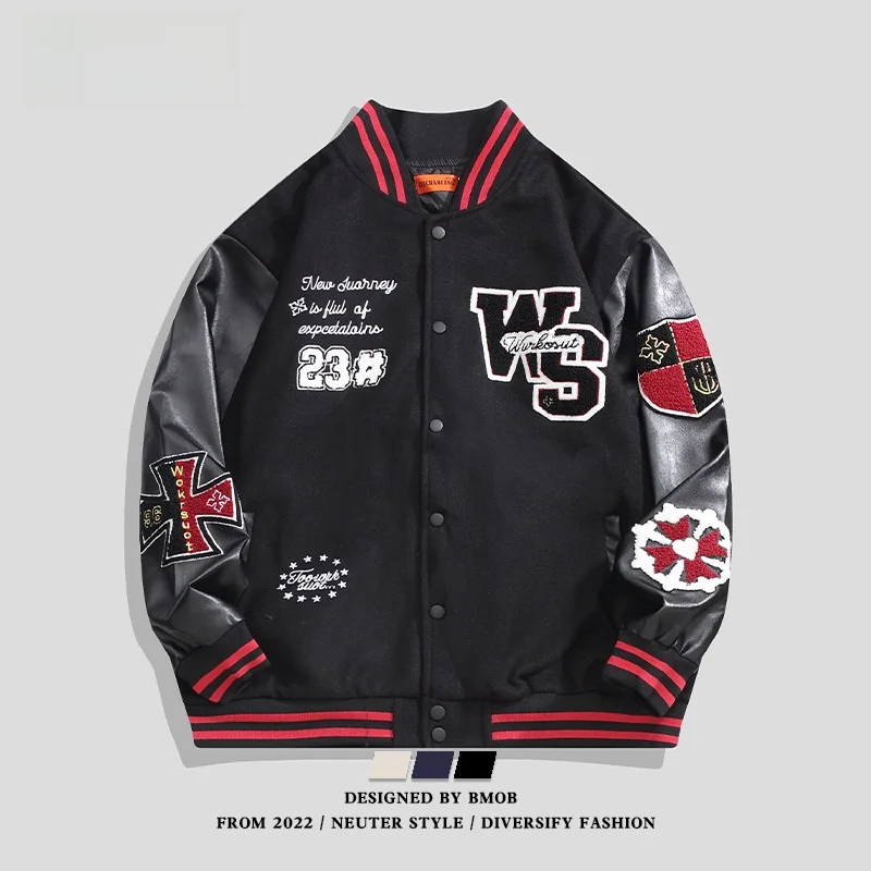 

BMOB American Retro Letter Embroidery Patch Leather Jaet Loose ex Spring Autumn Trendy High Street Cool Couple Coat