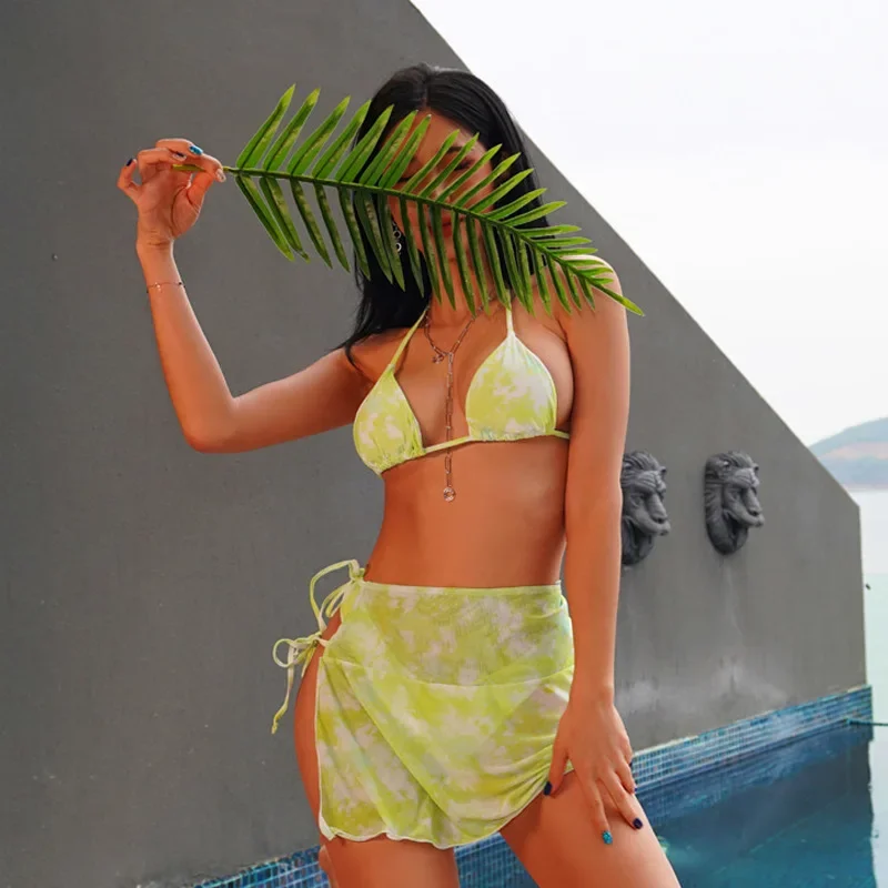 Nieuwe 3-delige set badpak vrouwen tie-dye badmode sexy string bikini sarong rokken koreaanse cover-up strandkleding badpak zwembad