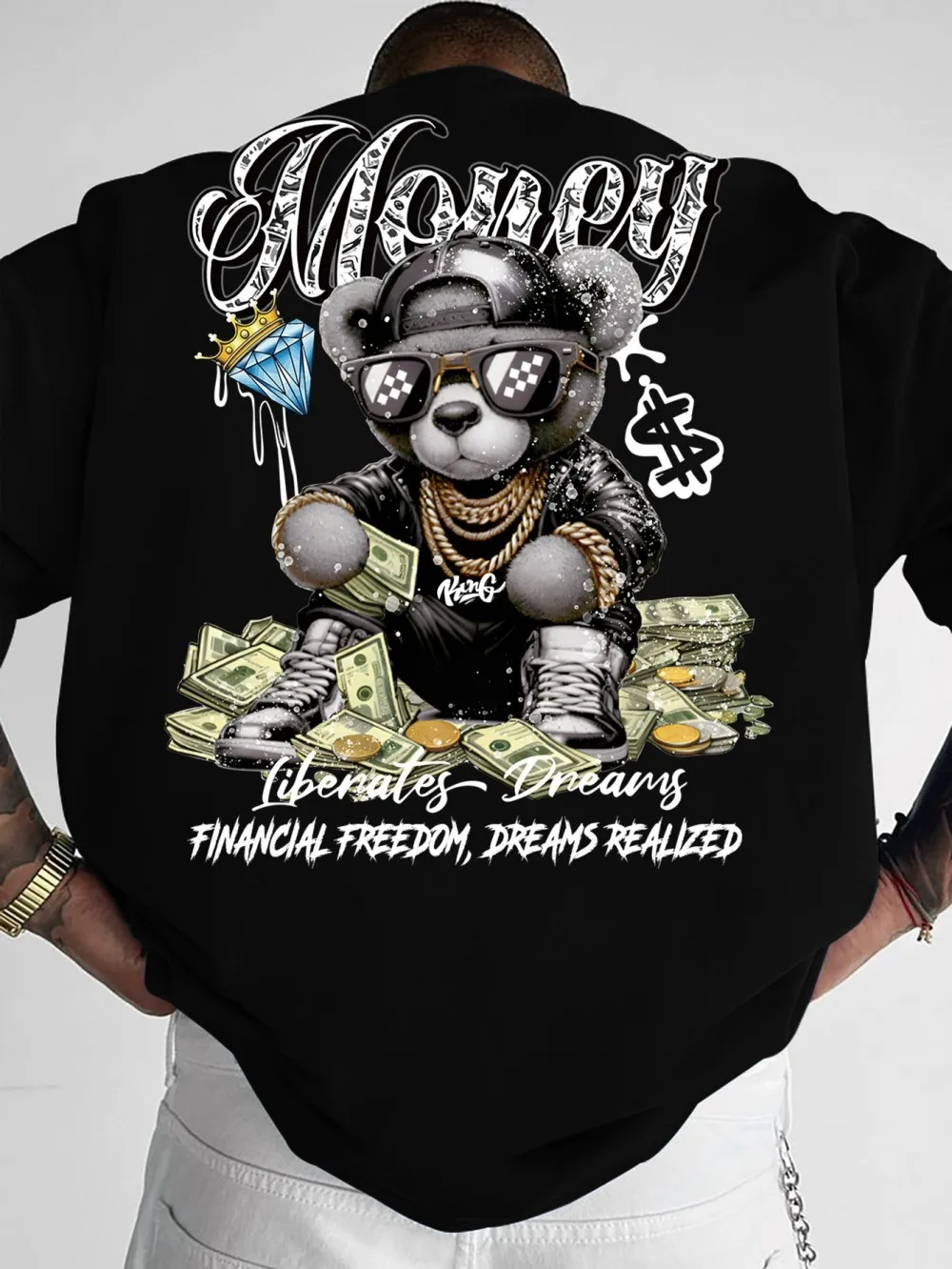 Fashionable men's summer teddy bear wealth letter print comfortable and breathable round neck T-shirt outdoor street top