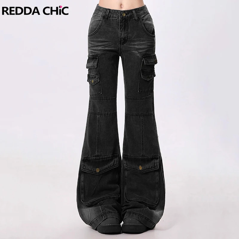 

REDDACHiC Petite Cargo Black Jeans Women Bell Bottoms Slim Fit Multi-pocket Low Rise Heavy Denim Pants Retro Harajuku Streetwear