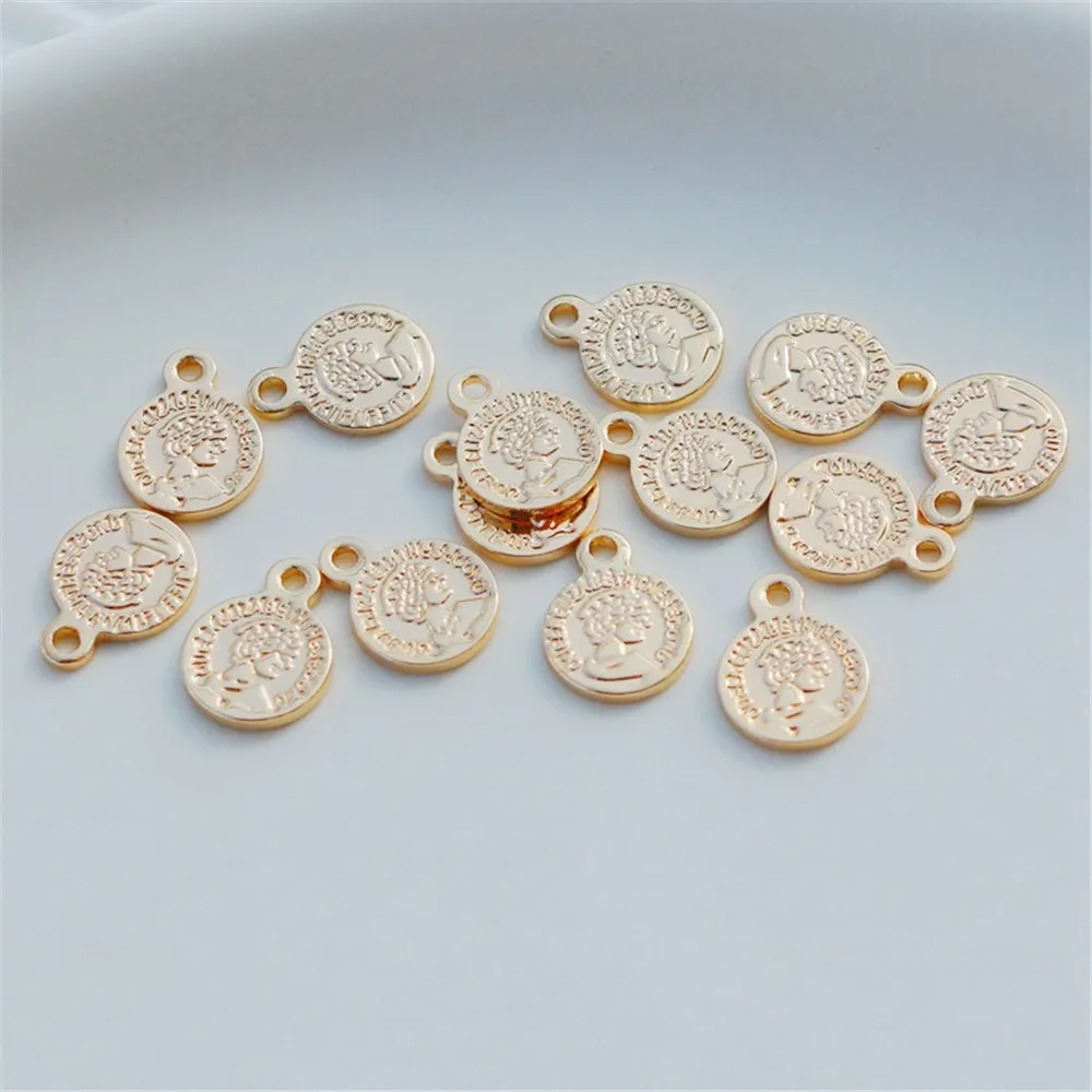 Moneda de retrato de doble cara, colgante redondo de oro revestido de cobre de 14K, pulsera hecha a mano DIY, collar, etiqueta de pendiente, 8mm