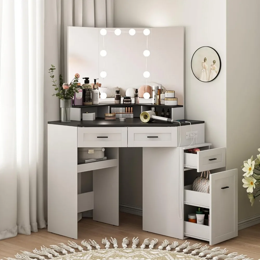 Corner Vanity Desk with Tri-Fold Mirror and Adjustable Light, Makeup Dressing Table with Power Outlet, 3 Drawers, Vanity Desk