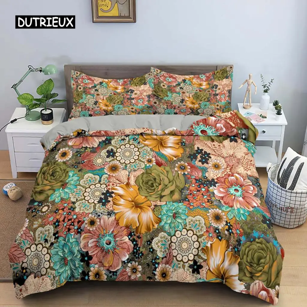 

Vintage Flower King Queen Duvet Cover Peony Sunflower Bedding Set Tropical Floral Quilt Cover Boho Polyester Comforter Cover