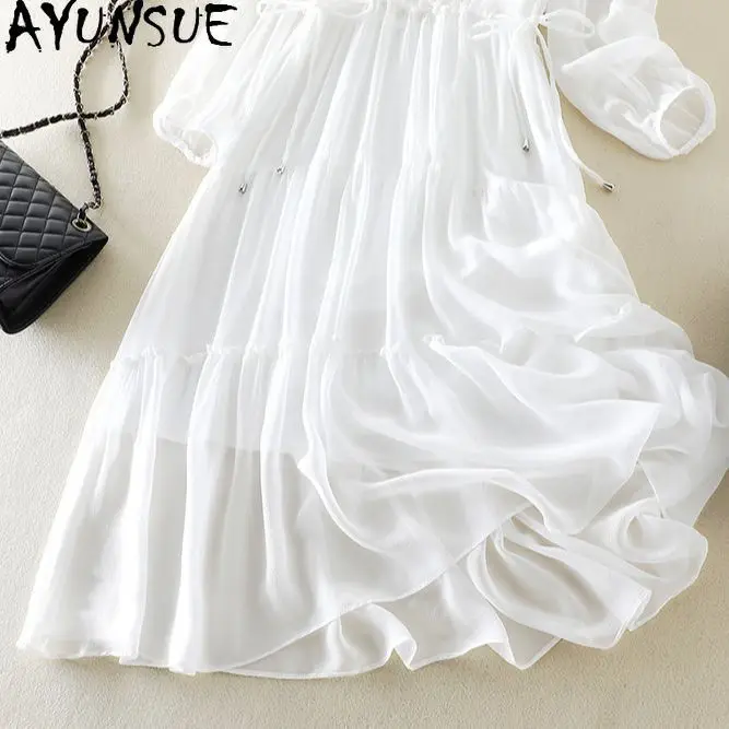 AYUNSUE 天然桑シルクドレス女性の服白いドレス女性のエレガントなドレス 2 点セット Vestidos パラ Mujer