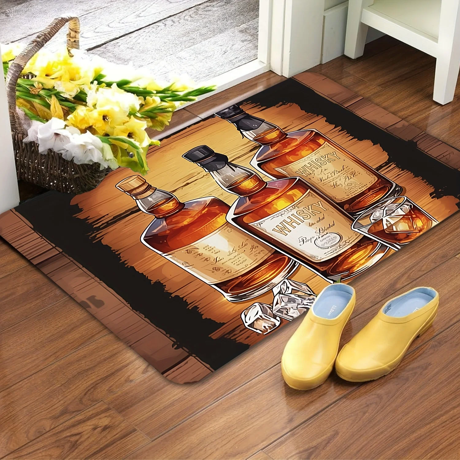 Vintage Whiskey Bottle Doormat Flannel Soft Rug, Aged Wood Texture Non-Slip Machine Washable Door Carpet for Home Bar