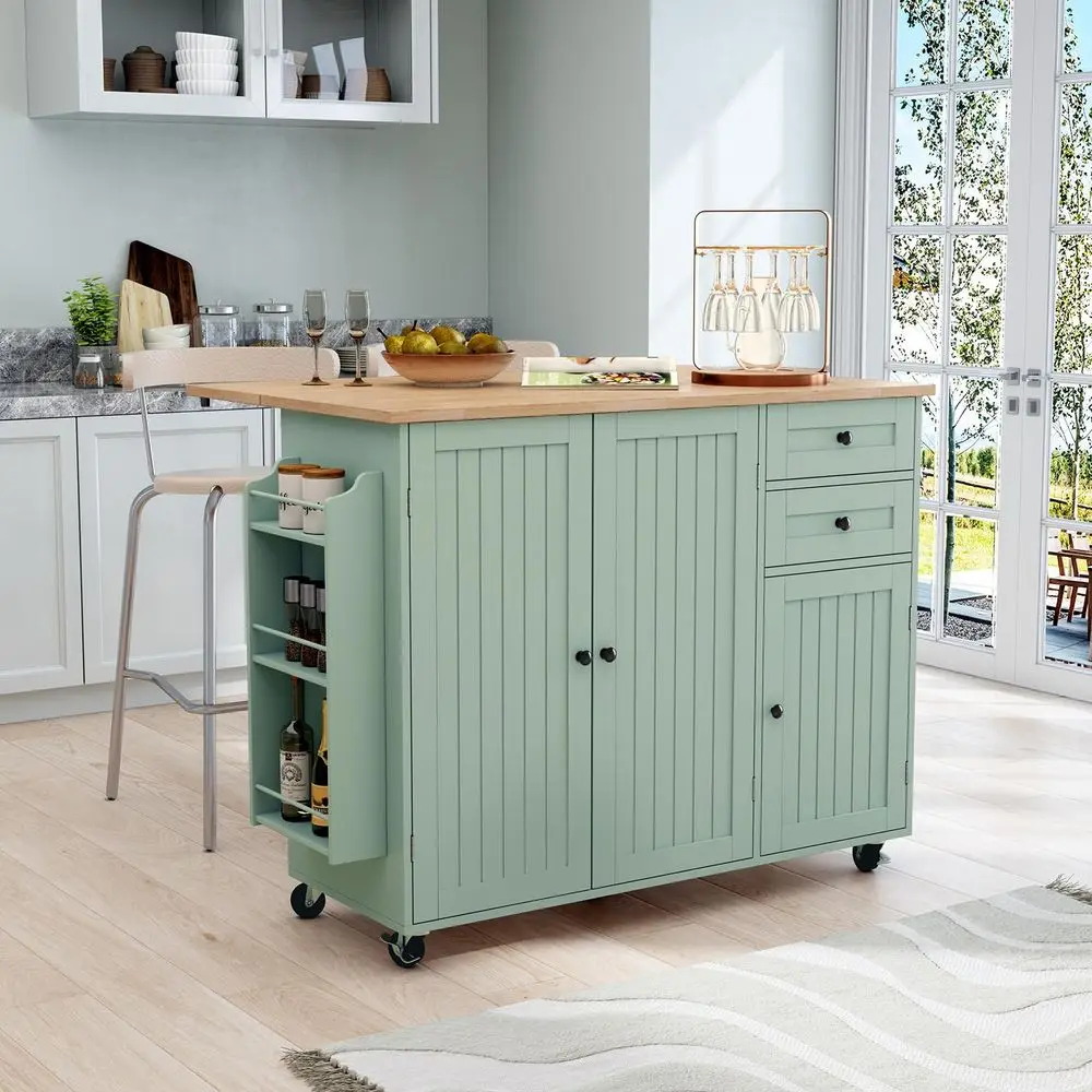 

Kitchen Island with Storage, Sage Green Rolling Kitchen Cart on Wheels with DropLeaf Bar Countertop, Islands Prep Table with Si