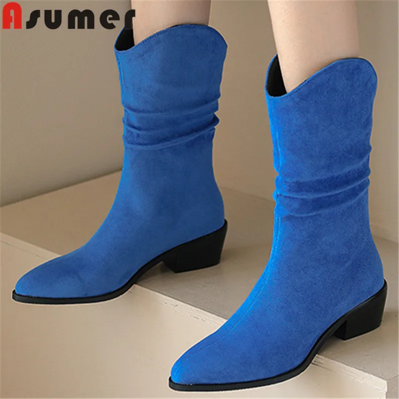 

ASUMER 2024 Size 32-46 New Western Microfiber Boots Woman Thick Med Heels Shoes Autumn Winter Ladies Mid Calf Boots