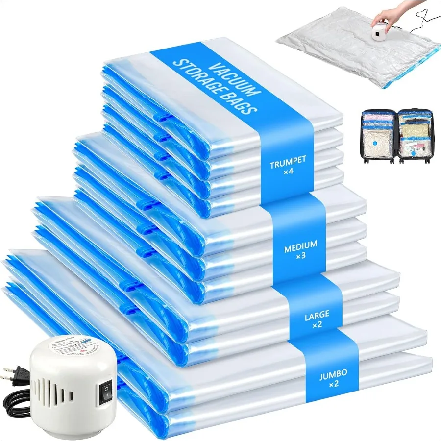 

11 Pack Travel Vacuum Storage Bags with Electric Pump 2 Jumbo+2 Large+edium+4 Small Vacuum Sealer Bags 80 Space Saver Bags for