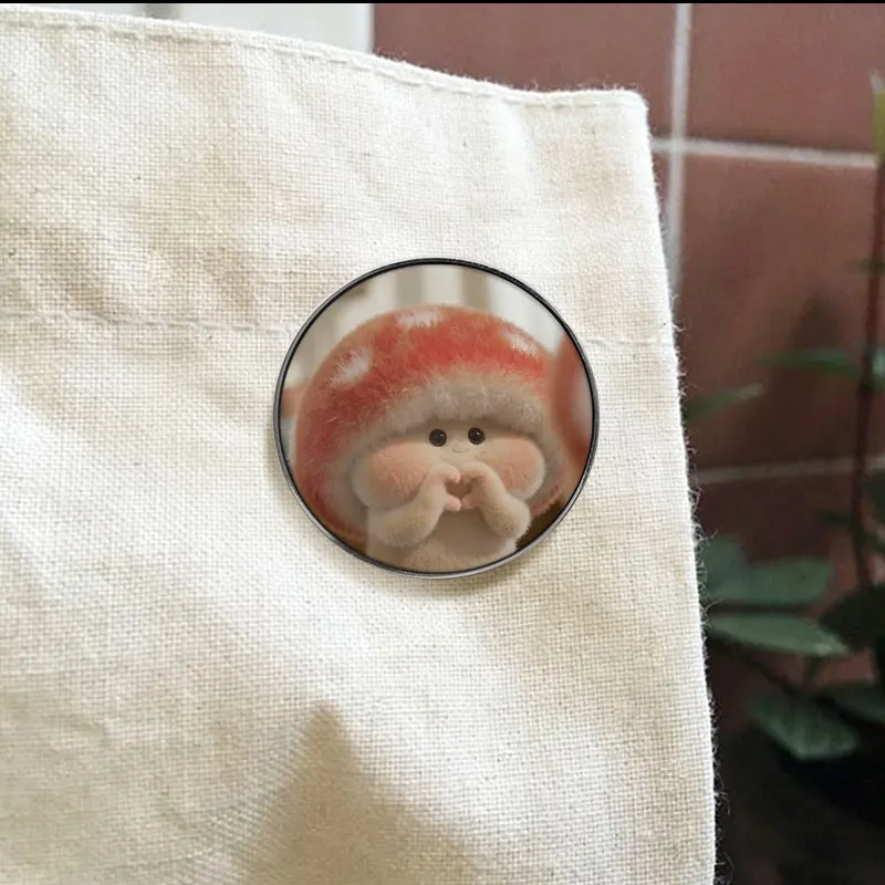 Cute Fluffy Mushroom Elf UV Printing Pin Soft Flocking Texture Heart Hand Gesture Cartoon Badge Brooch Lapel Accessory Gift