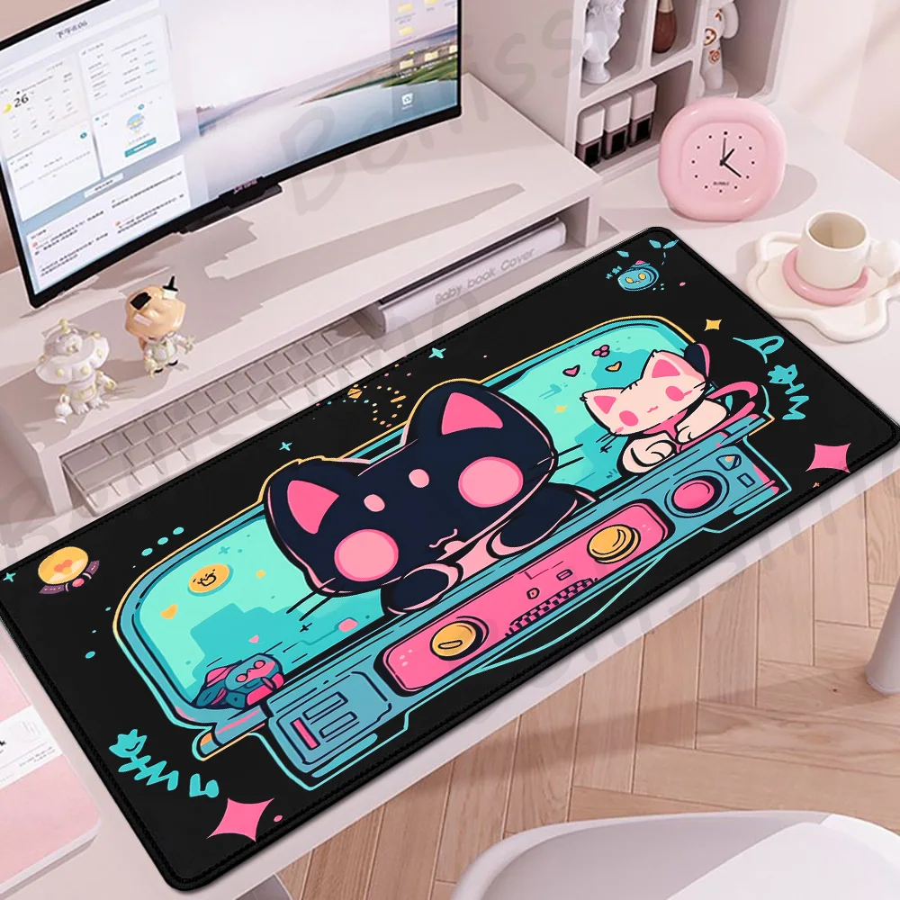 Cute Black Pink Cat Mouse pad Cabinet Gamer Mousepad Extended E-Sports Desk Mat Anime Large Gaming Mouse Mat Keyboard Desk pad