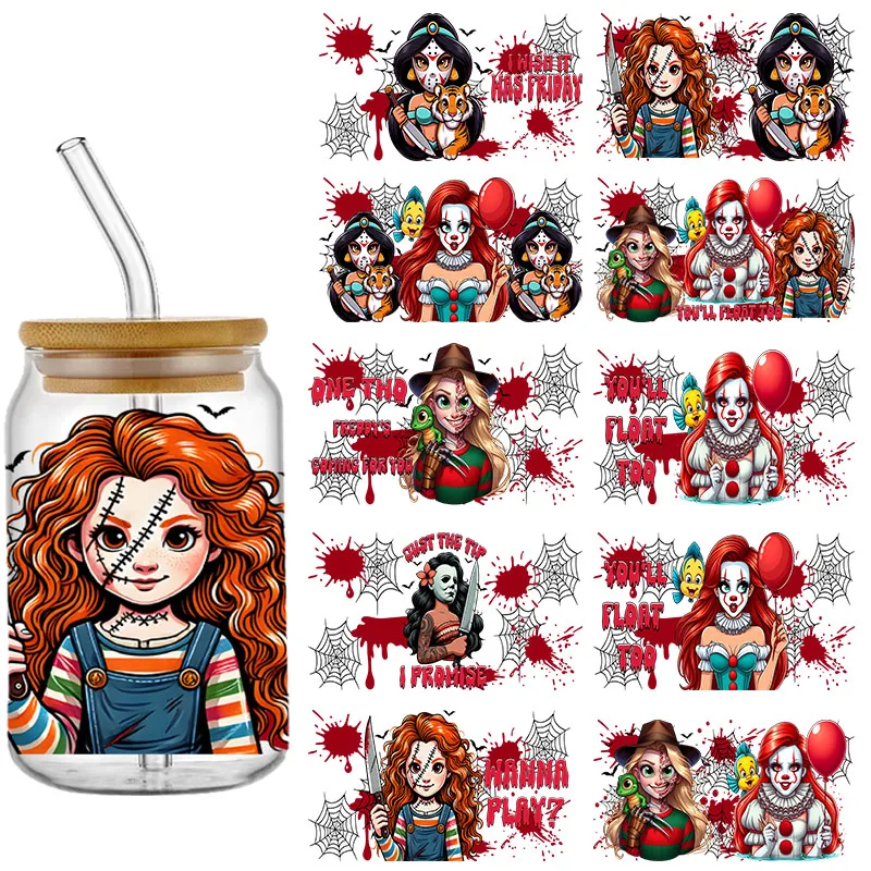 

Disney Halloween Horror Girl 16OZ UV DTF Cup Wraps Transfer Sticker For Glass Libbey Can Bottle Selfadhesive Washable DIY Custom