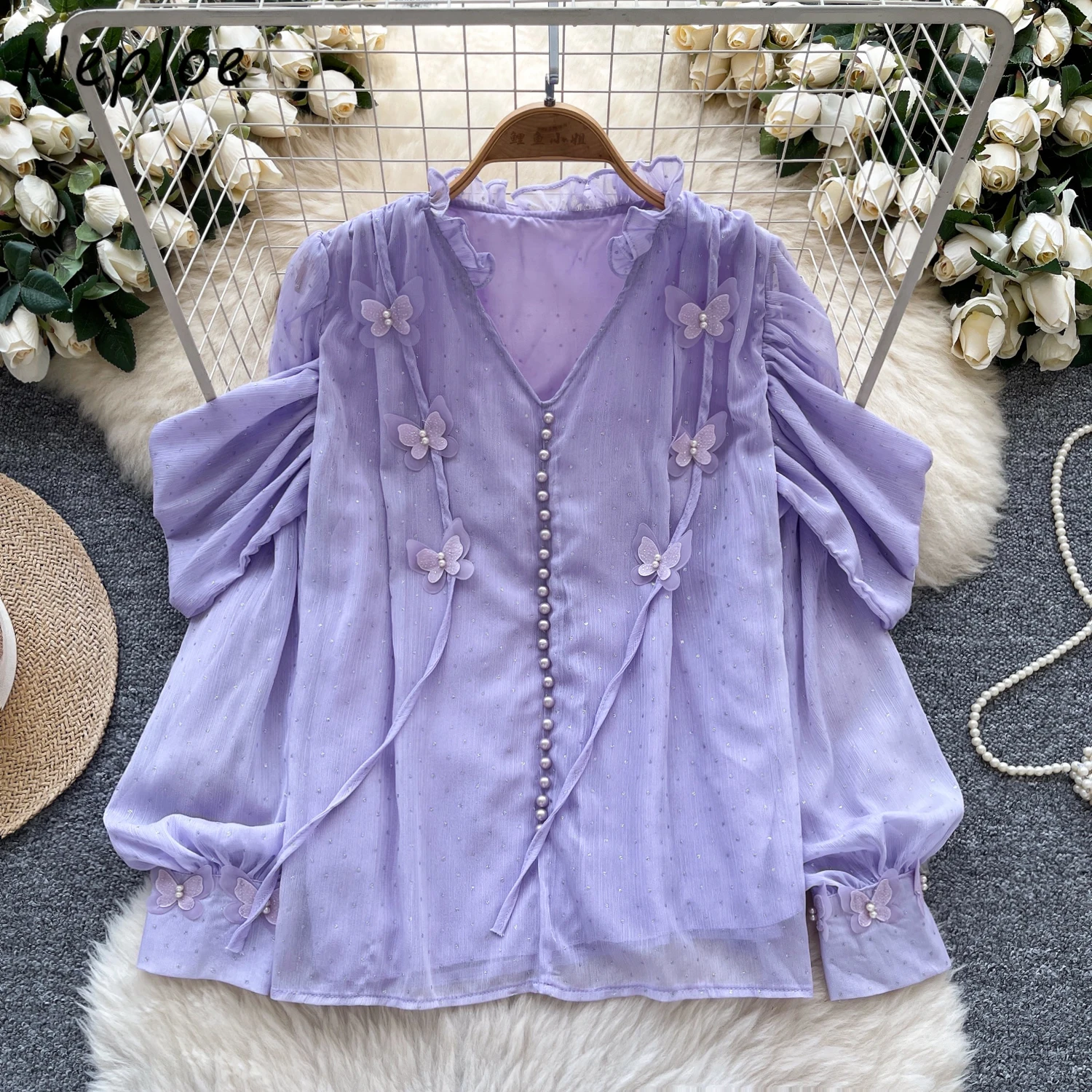 

Neploe French Sweet V Neck Long Sleeve Blusas 3D Flower Bow Lace Up All-match Crop Top Hot Fix Beading Designed Unique New Shirt