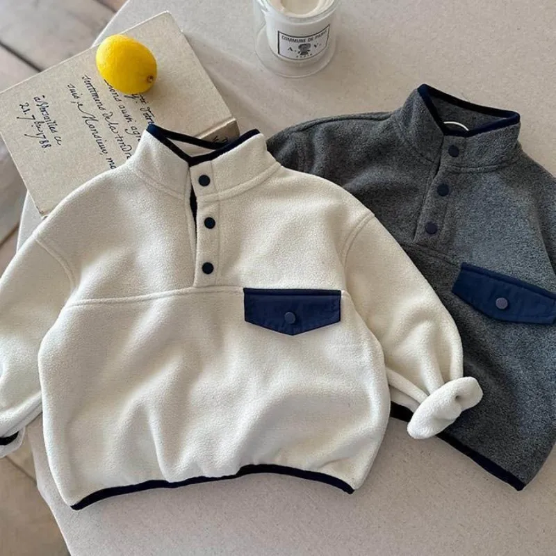 Children's Polo Shirt Double sided Velvet Hoodie Autumn and Winter Boys and Girls Half Zipper Coat Baby Solid Color Bottom Shirt