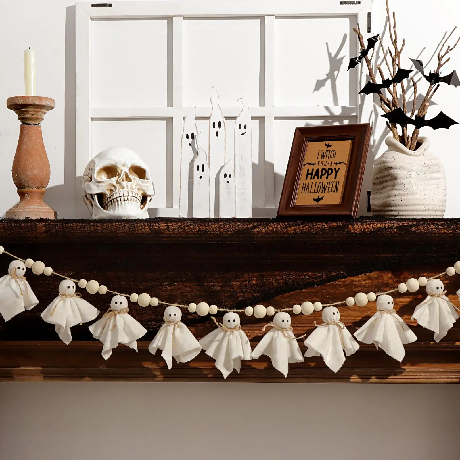Niedliche Halloween-Geistergirlande, Vintage Rustikale Handgemachte Geister-Ornamente mit Holzperlen, Innendekoration für Wand und Kamin – Detail 2