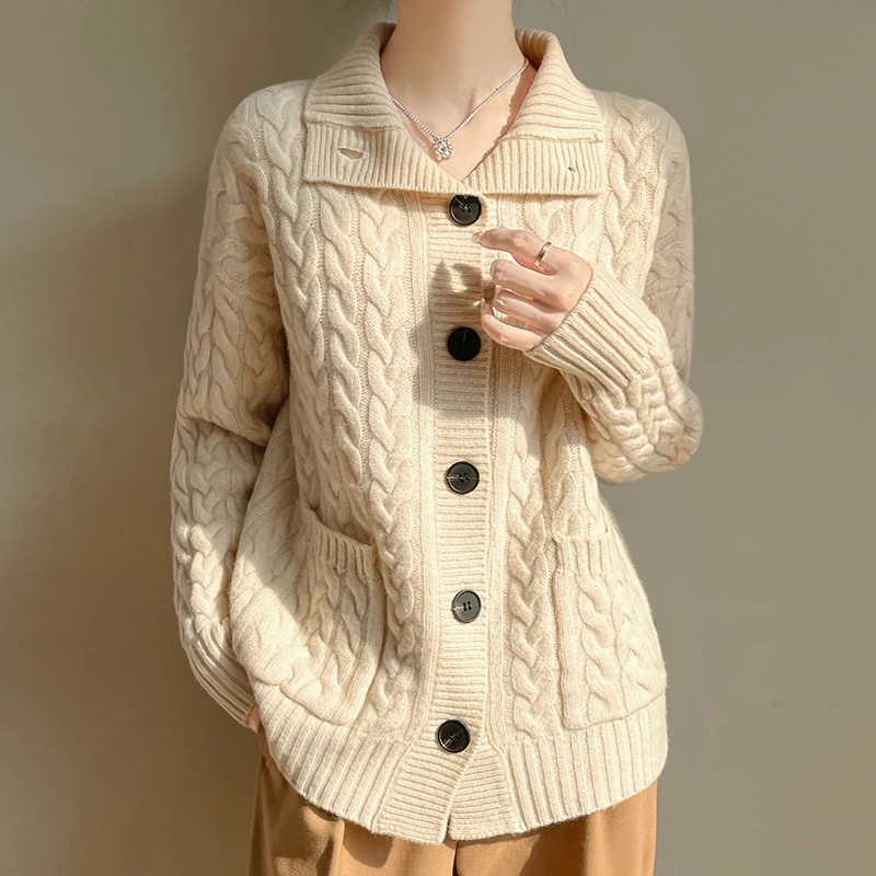 Cashmere Coat Women's High neck Knitting Cardigan Fashion Fried Dough Twists Thick Tops Autumn Winter New Warm Female clothing