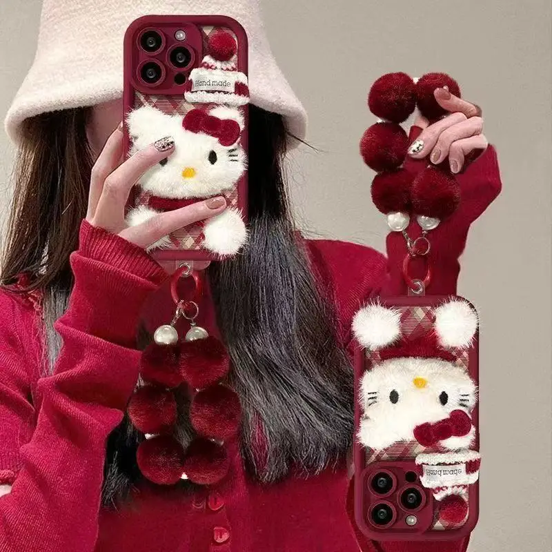 

Cartoon Cute Hand Rope Plush Hello Kitty Phone Case for Iphone16ProMax 15ro 14plus 13 12 Frosted All-inclusive Protective Cover
