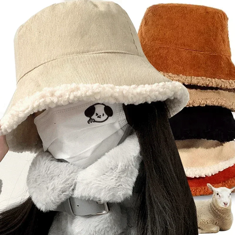 Autumn Winter Warm Bucket Hat Solid Fisherman Hat Corduroy Beanies Hats Reversible Hip-Hip Cap Soft Suede Lamb Wool Hunting Hat