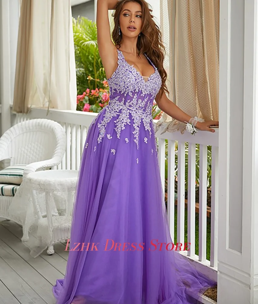 맞춤형 섹시한 오간자 A라인 아플리케 스파게티 스트랩 이브닝 드레스 고품질 V넥 민소매 롱 파티 가운