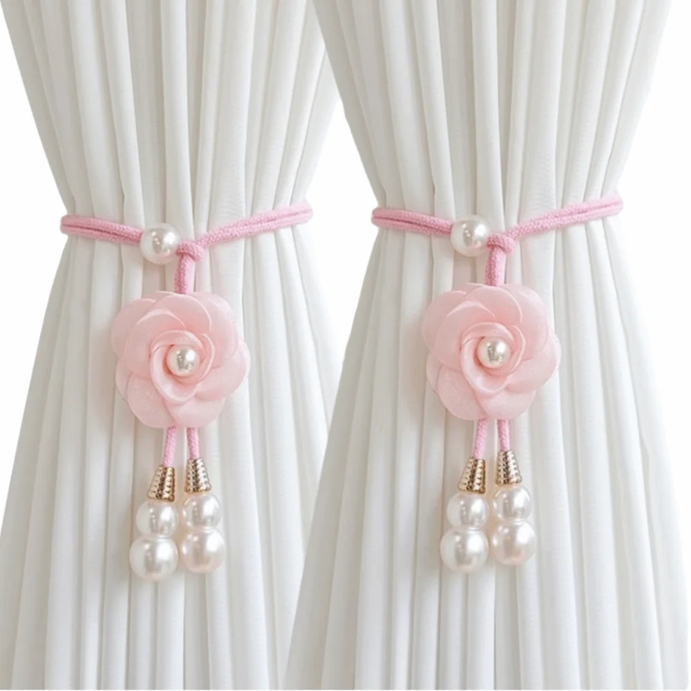 2Pcs Modern Floral Curtain Tiebacks Minimalist Adjustable Camellia Curtain Tiebacks Pearl Pendant Pearl Curtain Holdbacks