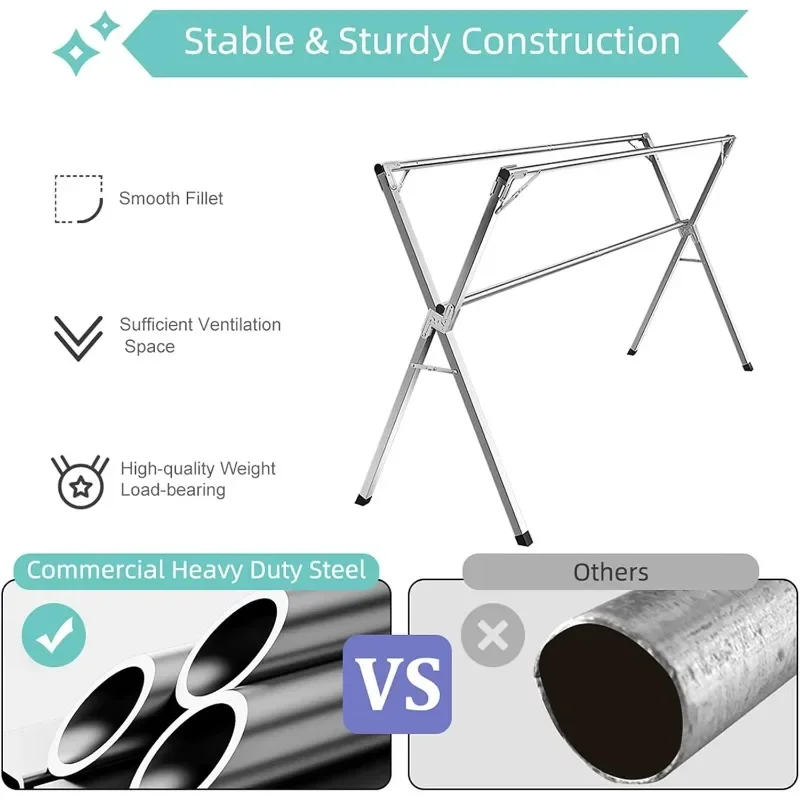 Rak pengering pakaian, 79 inci pekerjaan berat baja nirkarat rak pengering cucian, lipat & panjang dapat disesuaikan menghemat ruang