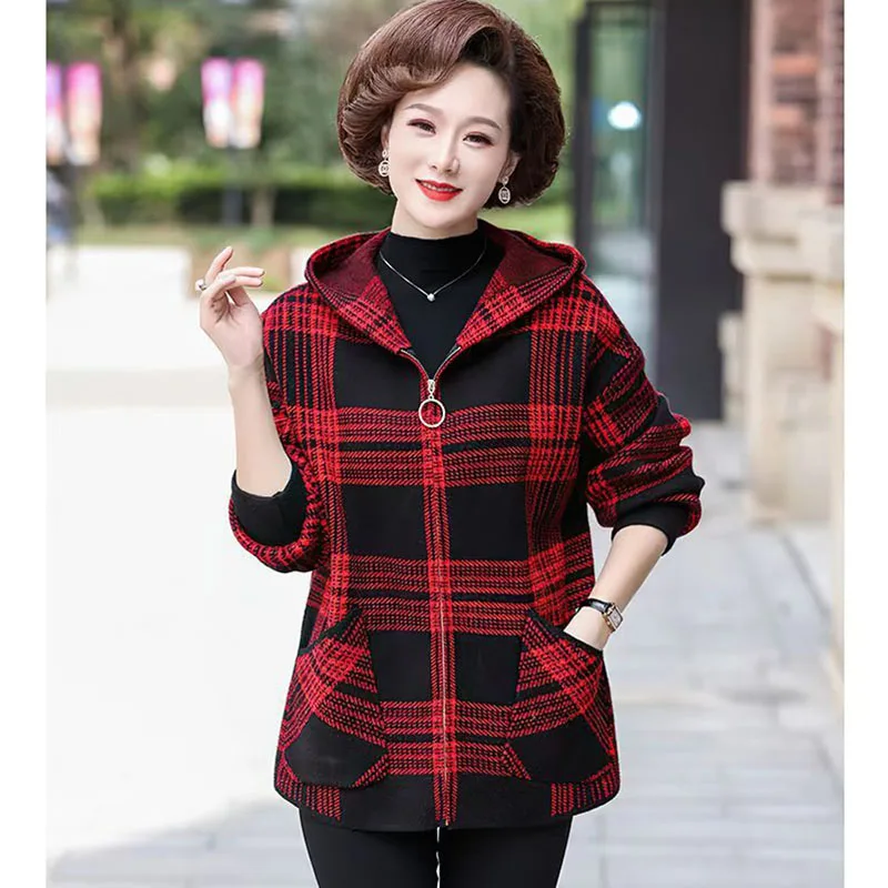 4XL Large Size Knitted Cardigan Zipper Jacket Middle Aged Mother Korean Hooded Sweater Coat Spring Fall Casual Women Plaid Tops