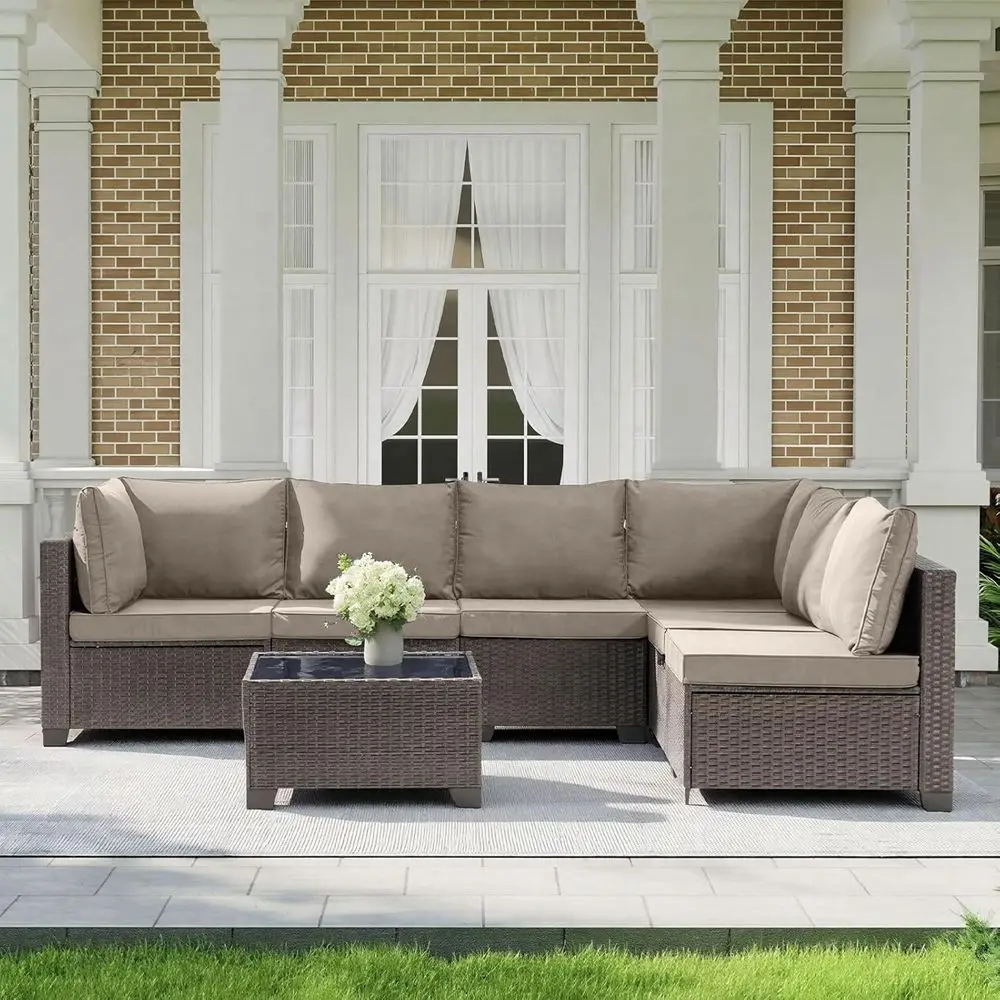 

7-Piece All-Weather Outdoor Patio Sectional Sofa Set with Glass Table and Washable Khaki Cushions for Backyard, Sunroom, Garden,