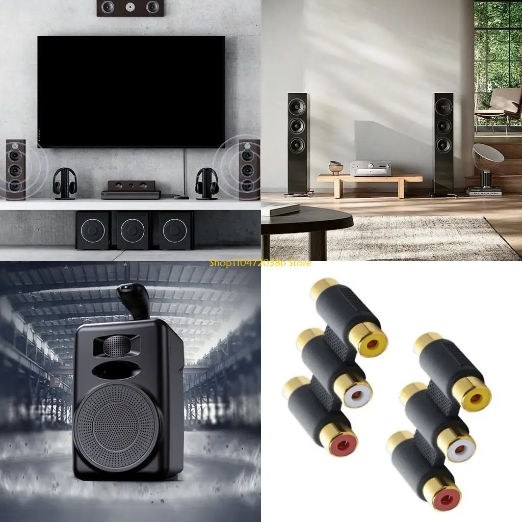 Adaptadores de acoplador 3RCA femininos banhados a ouro 2 peças para home theater e sistemas AV