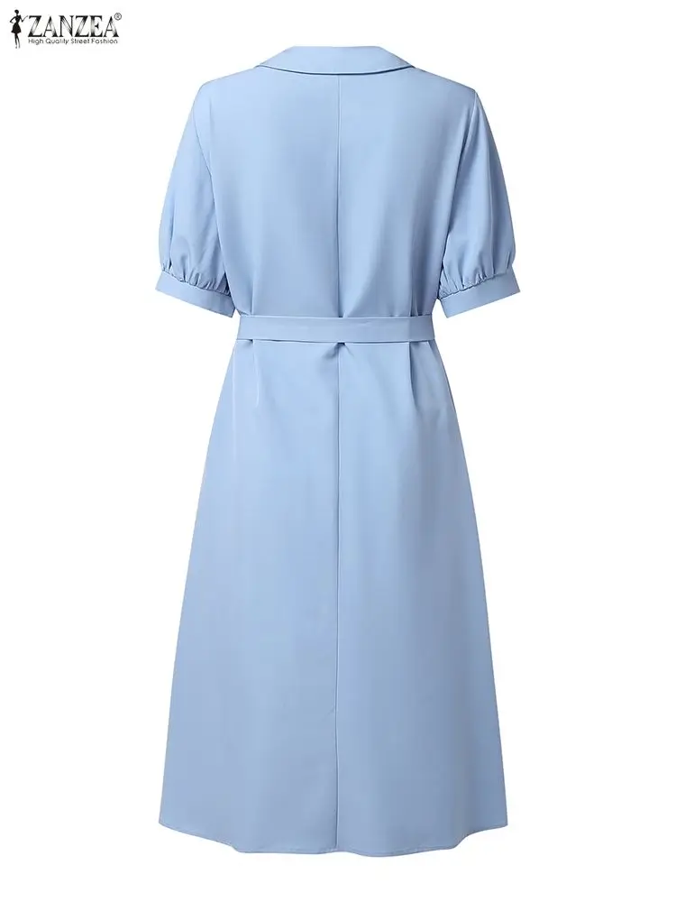 ZANZEA Abiti da festa eleganti Donna Estate Risvolto Patchwork di colore Camicia lunga Abiti con cintura Casual Ufficio Manica corta Midi Robe