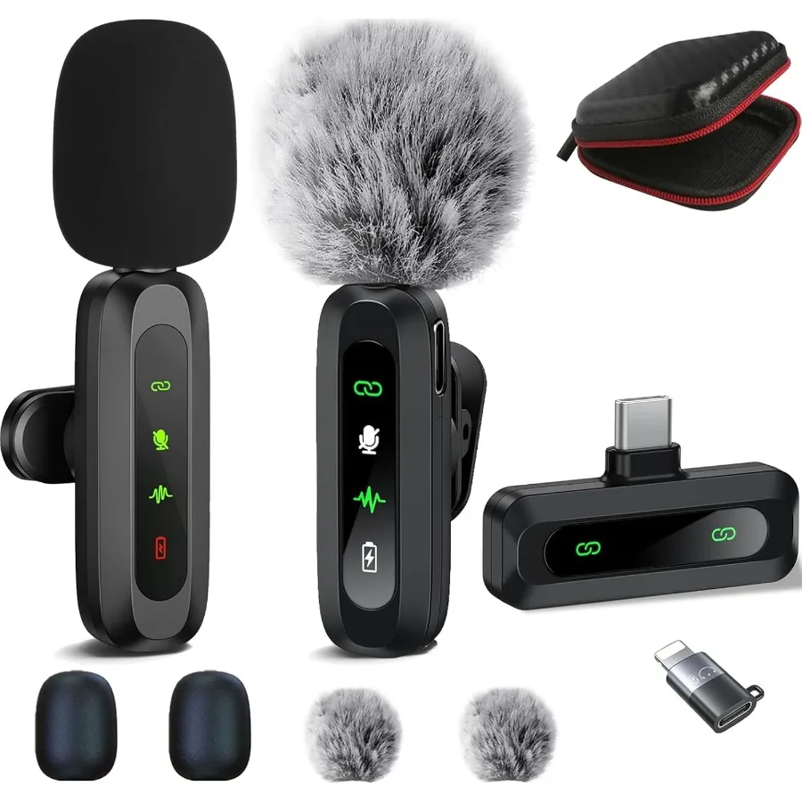 

Wireless Lavalier Microphone for iPhone Android PlugPlay2 Pack Mini Microphone Professional Noise Reduction Rrding Clip Mic for