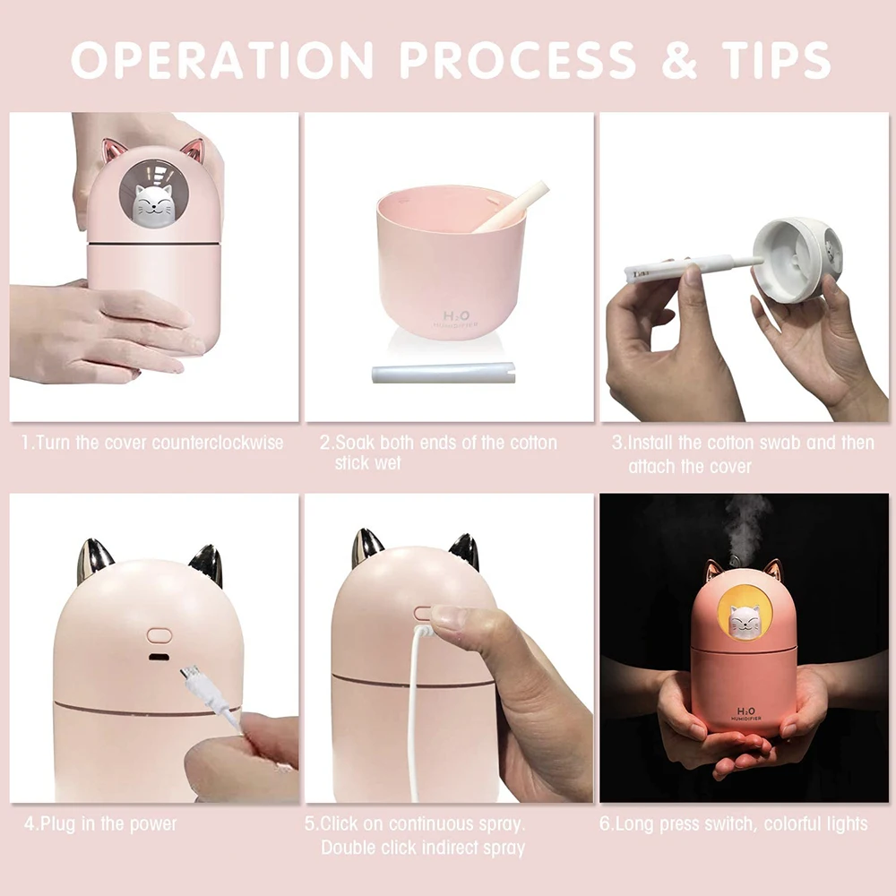 300ML Ultrasonic Cool Mist Air Humidifier for Bedroom, Mini Cute Humidifier with LED Atmosphere Night Light DC5V