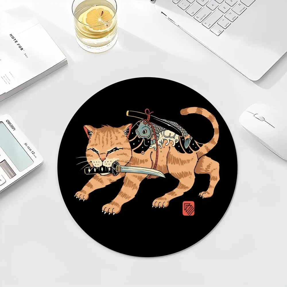 Japanese Samurai Cat Mousepad INS Tide Round Keyboard Mat Table Mat Students Cabinet Gamer Desktop Mousepad Cup Mats Deskpad