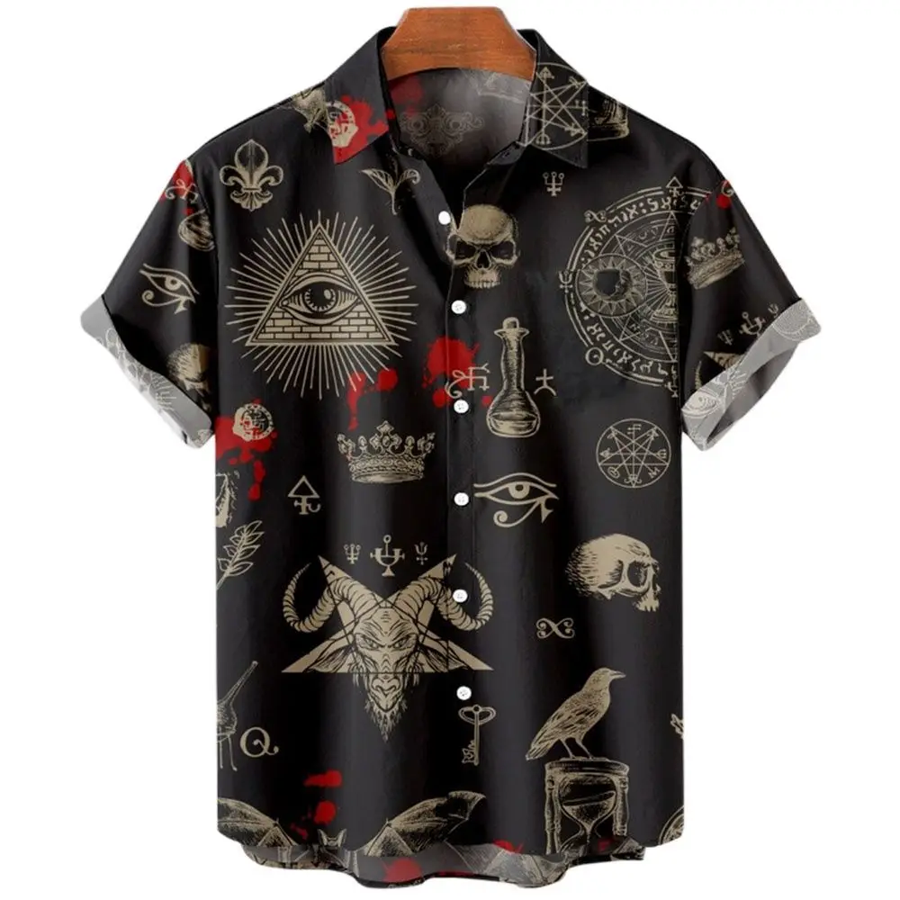 

Summer New Retro Men's Shirt Devil Horror Skull Short Sleeve Shirt Collar 3D Printing