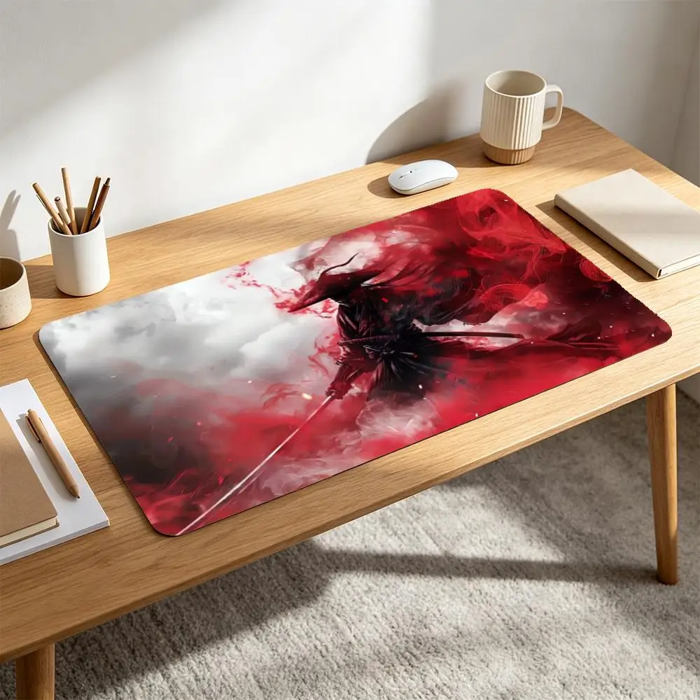 Japanese Ronin Samurai Desk Pad Anti‑Slip Rubber Mousepad Red Ink Smoke Cloud Sword Warrior Ink Wash Art Large Gaming Mat