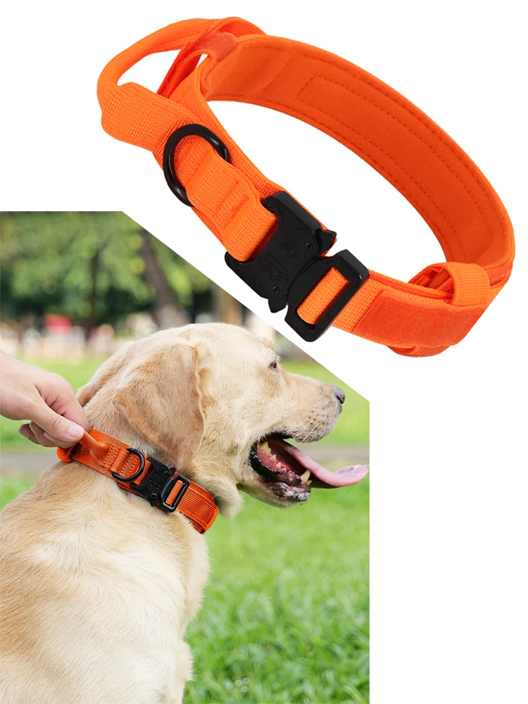 

Orange Tactical Dog Collar with Handle Metal Buckle Military Dog Collar and Leash Set Adjustable Tactical Collars for Large Dogs