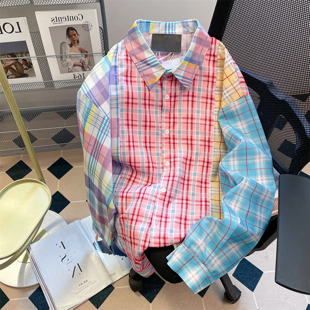 

Women Plaid Patchwork Shirts Blouses Y2k 90s Vintage 2000s Long Sleeve Polo-Neck Oversize Shirt Top Fashion Clothes Autumn 2025