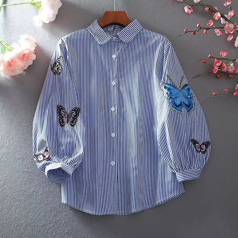 Vintage Embroidery Loose Blouse Summer New 3/4 Sleeve Polo Neck Solid Striped White Shirt Tops Casual Fashion Women Clothing