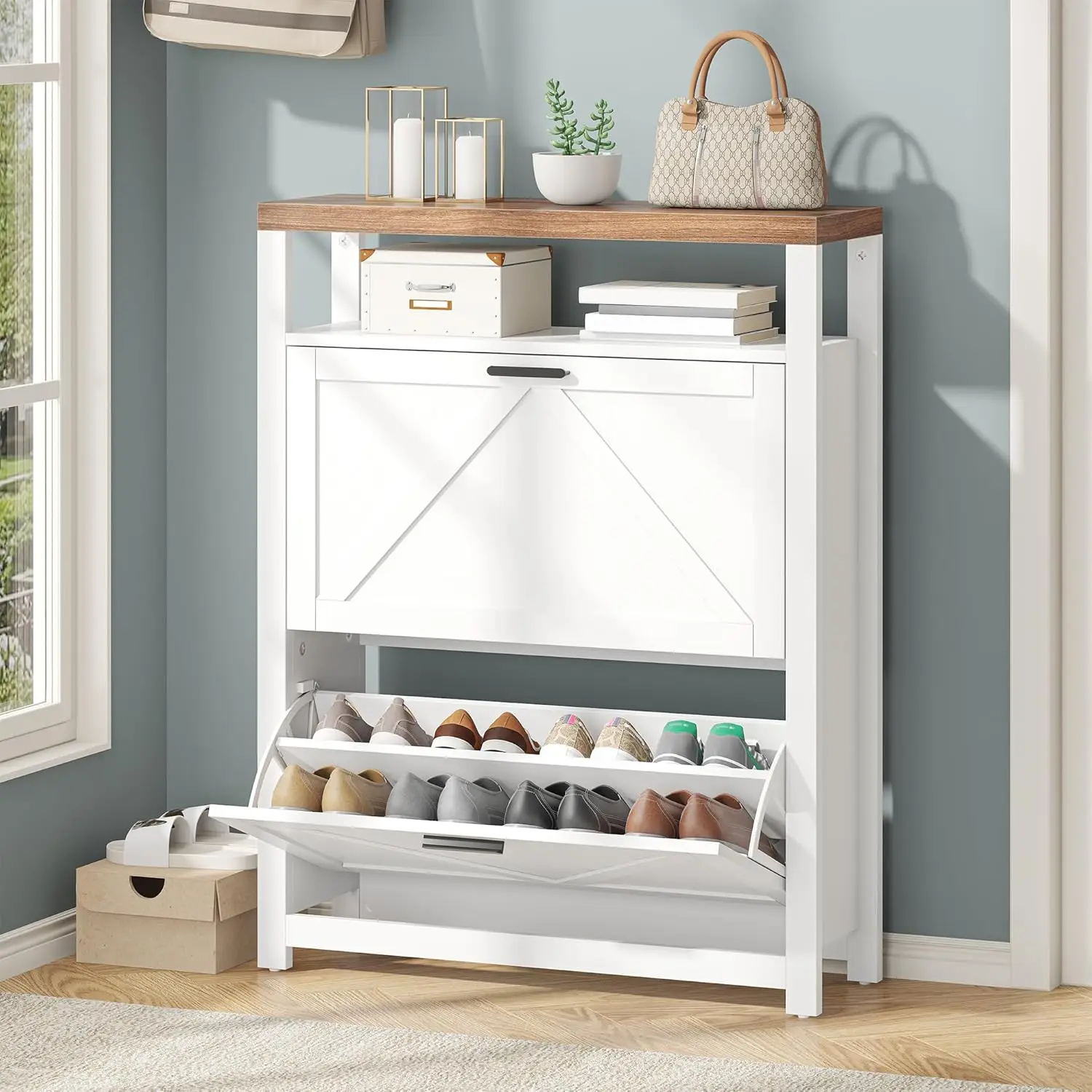 Shoe Shoe Cabinet with 2 Flip Drawers & Shelf, Farmhouse Barn Door Organizer, Freestanding Hidden Slim Entryway Storage, Customized - Aliexpress Deal