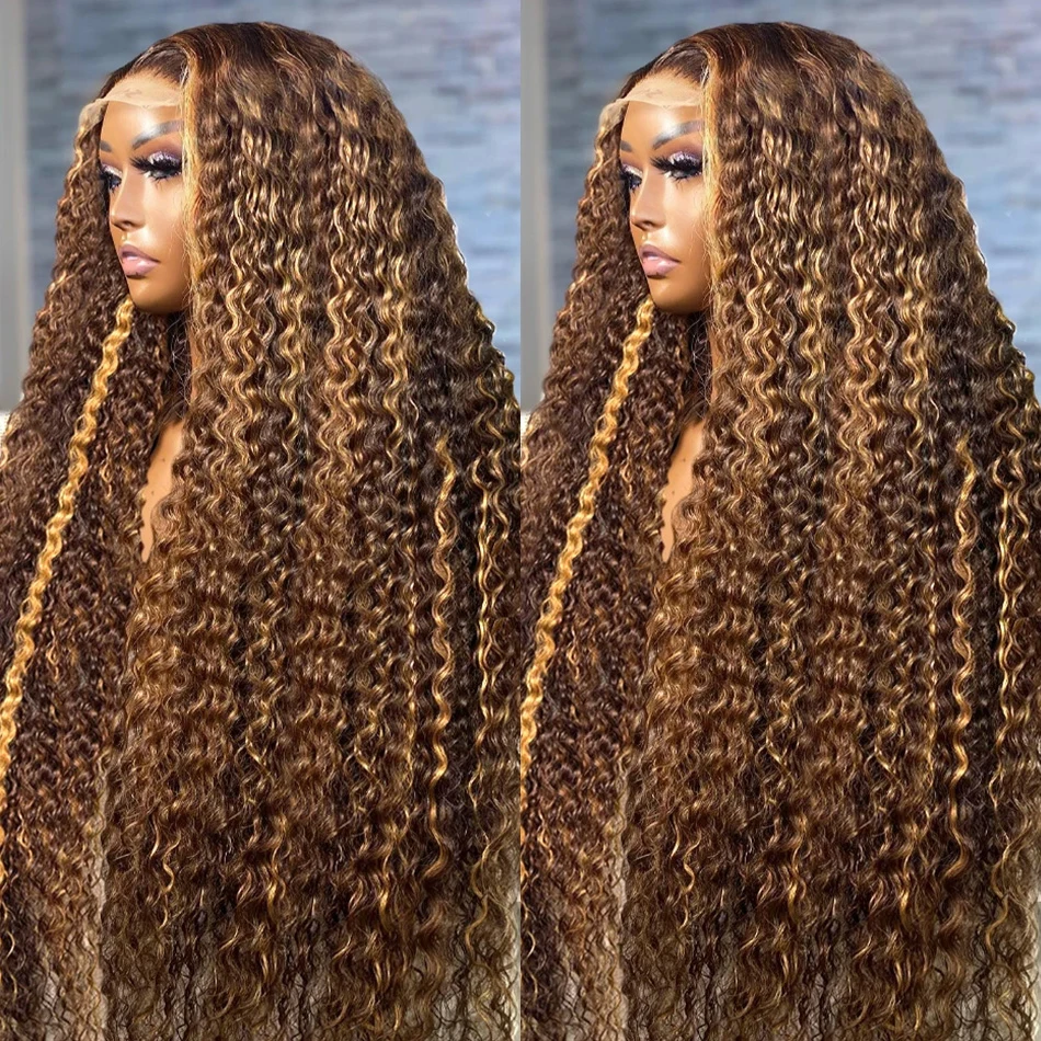 

250 Density Highlight Honey Brown Curly 13x6 HD Lace Front Human Hair Wigs Ombre Color Glueless Deep Water Wave Frontal Wig 5x5