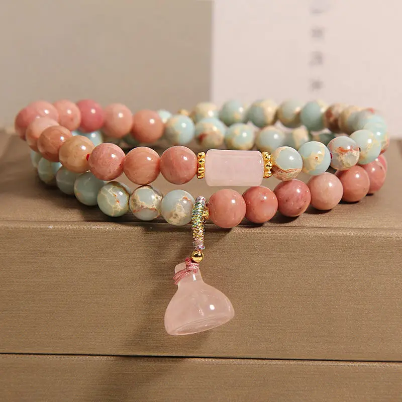 Chinese Shoushan Stone Double Circle Bracelet Women's Light Luxury Refined High-end Lotus Canopy Red Stone Hand String Jewelry