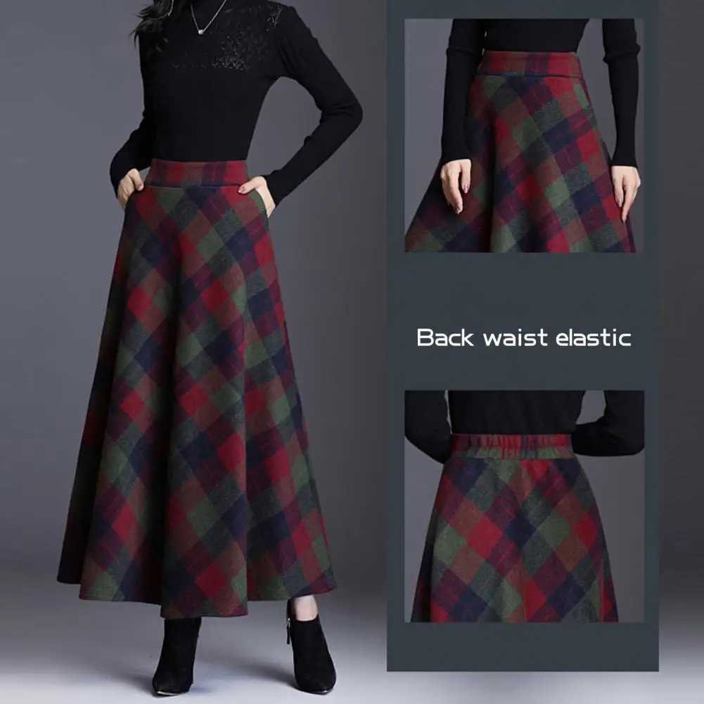 

Thickened Skirt Plaid Print Woolen Skirt for Women High Waist A-line Style with Large Hem Thickened Winter Skirt for Daily Wear