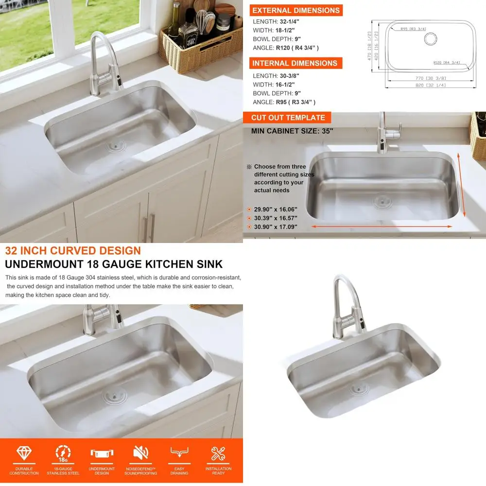 

32 Undermount Single Bowl Stainless Steel Kitchen Sink, 18 Gauge, Curved Design with Strainer